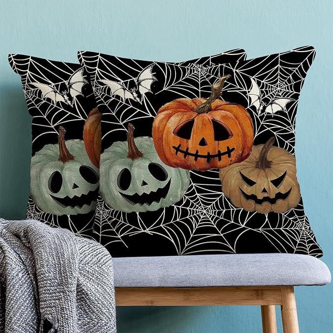 Halloween Decor Pillow Covers 18x18 Set of 2 Spider Web Orange Pumpkin Bat Black Decorative Throw Pillow Covers Outdoor Decoration Autumn Pumpkin Pillowcase Farmhouse Cushion Case for Home Sofa
