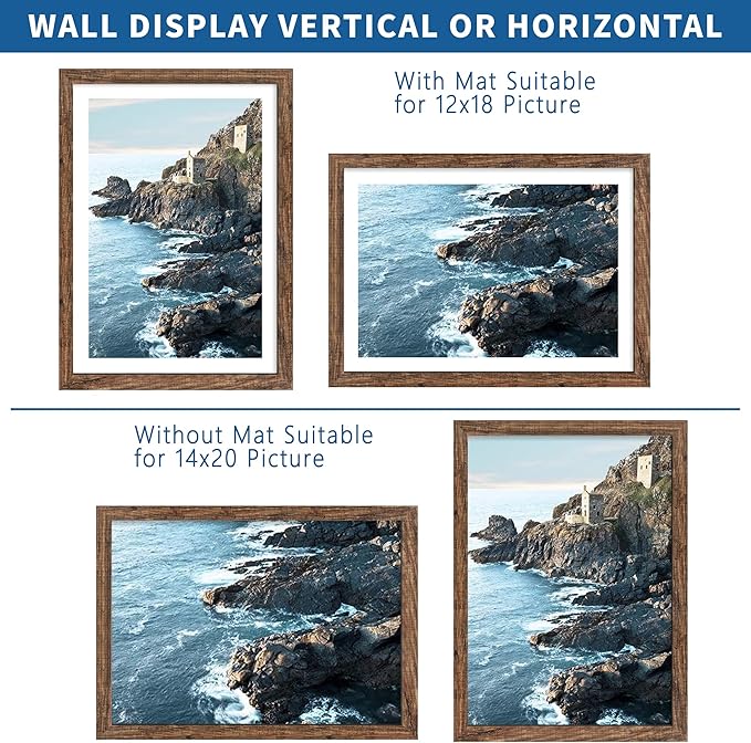 14x20 Picture Frame Set of 2, Rustic Brown Wood Style - Display 14 x 20 Picture without Mat or 12x18 Picture with Mat, Wall Mounting Horizontal and Vertical