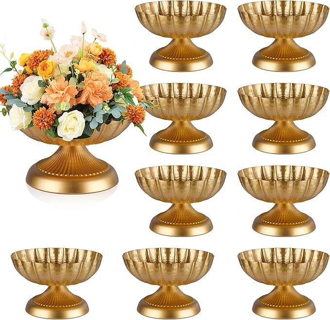 Compote Bowl Vases for Centerpieces Urn Vase, Metal Small Pedestal VaSe Gold Pot, Flower Arrangement for Wedding Anniversary Party Home Decor, 10 Pcs