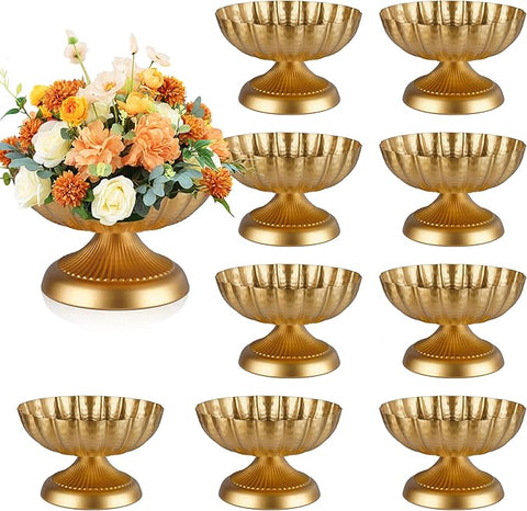 Compote Bowl Vases for Centerpieces Urn Vase, Metal Small Pedestal VaSe Gold Pot, Flower Arrangement for Wedding Anniversary Party Home Decor, 10 Pcs
