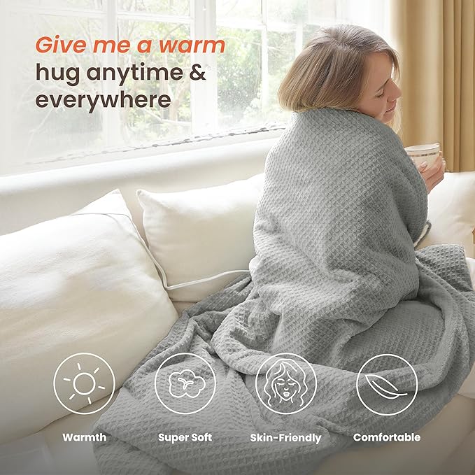 Heated Blanket Electric Blanket Twin Waffle, 62x84 Inches Sherpa Fleece Fast Heating Blanket 6 Heating Levels & 10 Hours Auto Off ETL Certification,Light Grey Twin