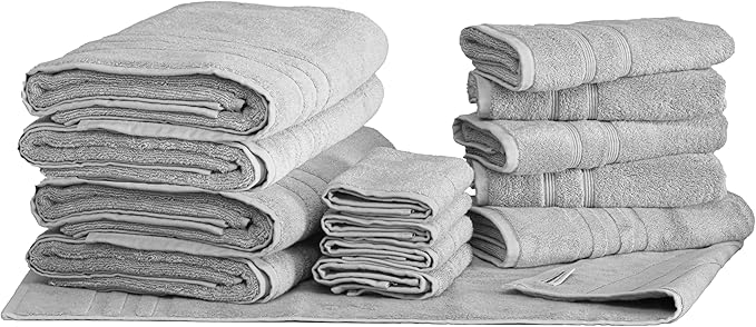 Mosobam Luxury Turkish 14pc Deluxe Bath Bundle Body Hand Face Towel and Mat Light Grey (Gray) 700 GSM & 1000 GSM Bamboo Viscose & Aegean Turkish Combed Cotton