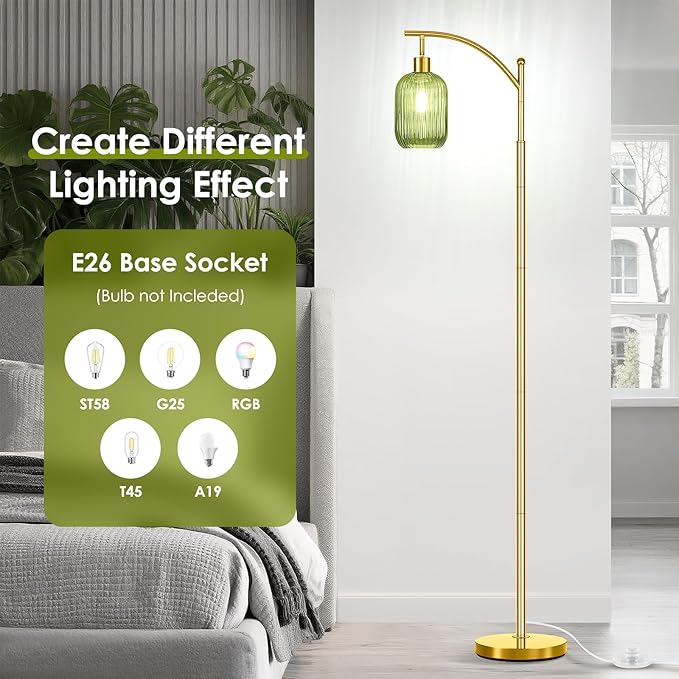 Glass Floor Lamp for Living Room, Modern Green Standing Lamp with Ribbed Glass Lampshade Foot Switch, 67” Tall Lamp for Bedroom Study Room