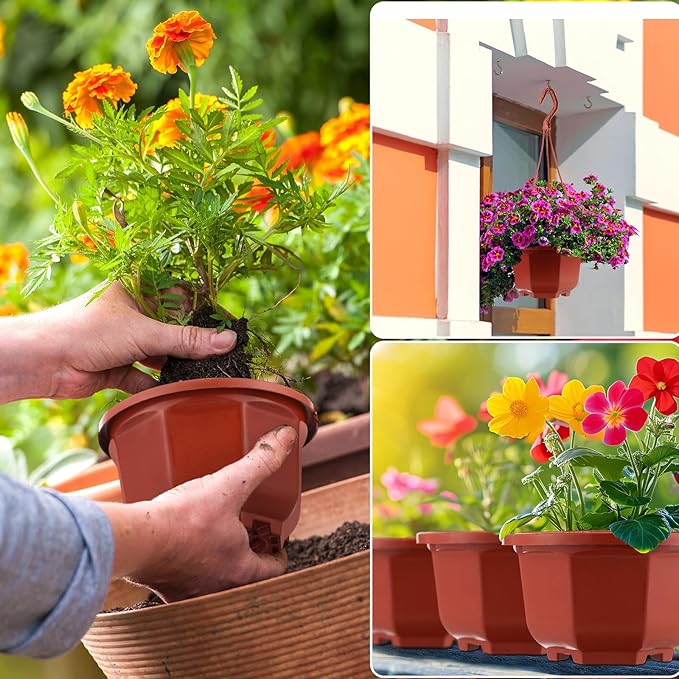 Roshtia 50 Pcs Plastic Hanging Plant Pots with Hooks Flower Pots Baskets Outdoor Hanging Nursery Planter Holder for Home Garden Balcony Porch(Brown,5.1 inch)