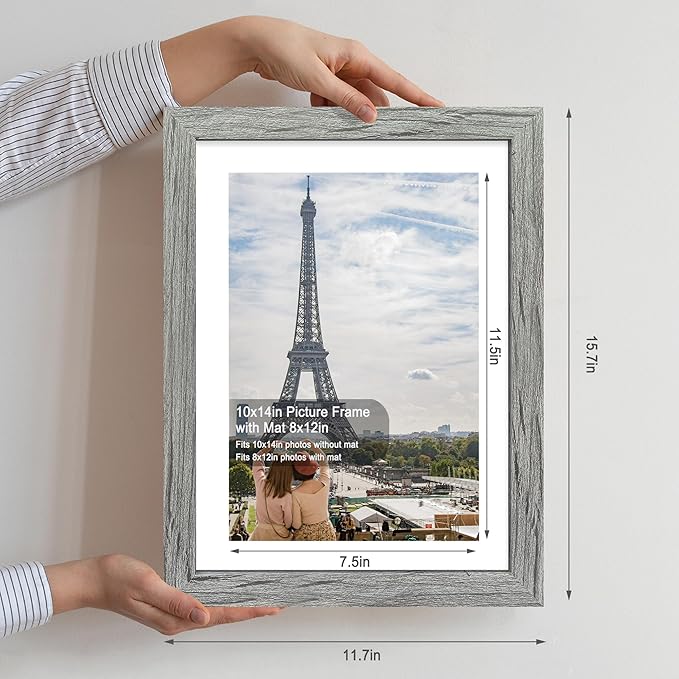 10x14 Picture Frame Set of 2, Made of Glass and Rustic Grey Wooden Frame, Display 8x12 Pictures with Mat or 30 x 40cm Diamond Painting Art without Mat for Wall Mounting, Gallery Photo Frames
