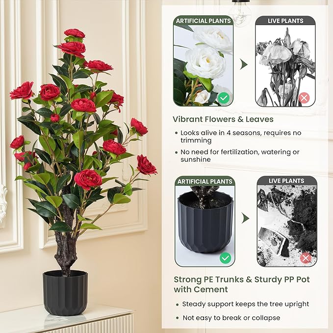 3.2FT Artificial Camellia Trees, Red Silk Flowers, Indoor Faux Plants with Realistic Trunk in Black Cement Pots for Home House Living Room Bedroom Office Decor, 2pcs