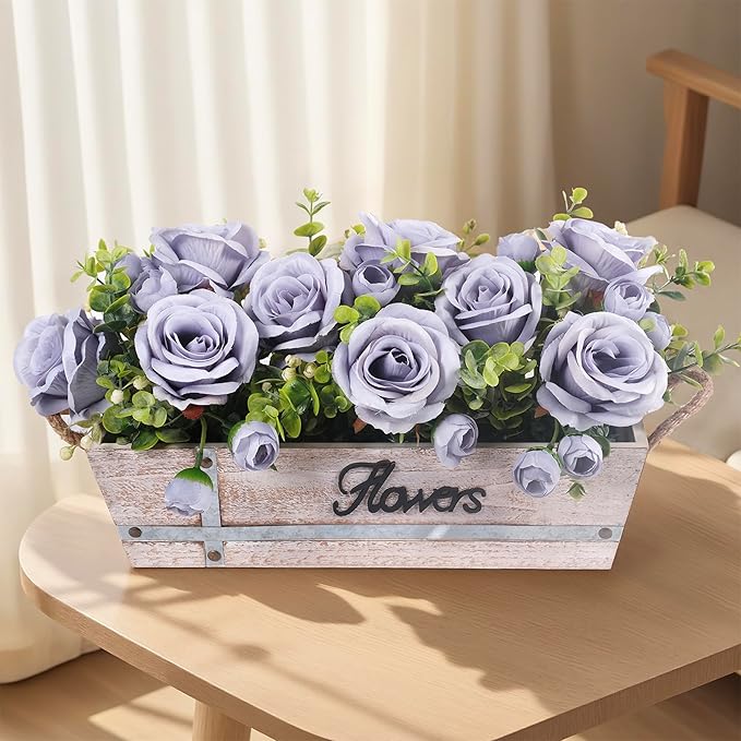 Centerpiece Table Decorations Rustic Wood Tray with 3 Artificial Dusty Blue Rose Flowers and Fake Eucalyptus for Dining Room Farmhouse Living Room Kitchen and Coffee Table Décor