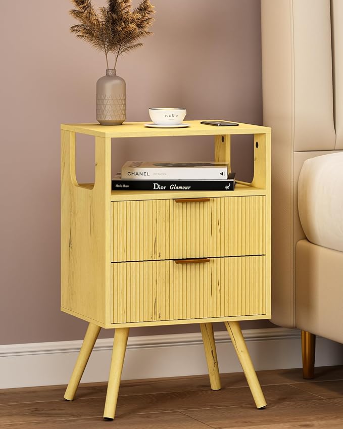 Nightstand,Modern Bedside Table with 2 Storage Drawer and Open Wood Shelf, for Bedroom and Small Spaces,Night Stand with Solid Wood Legs, Yellow Oak