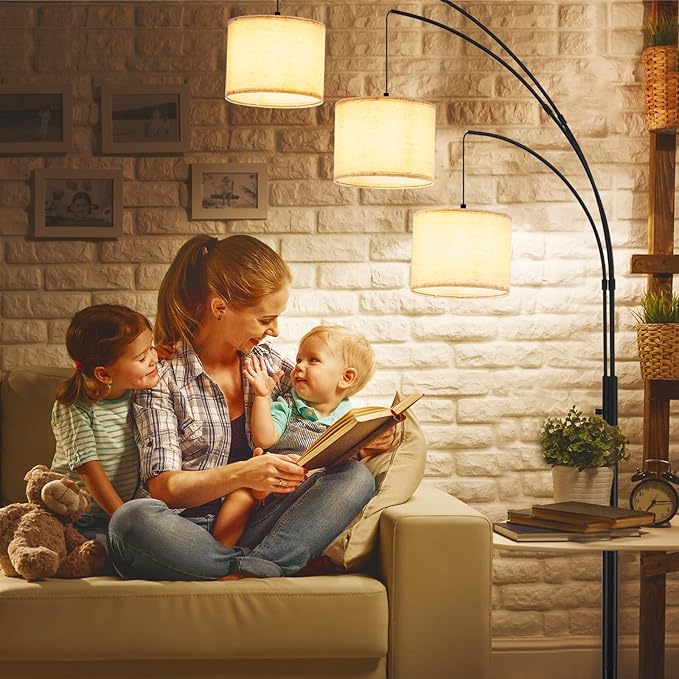 DLLT Modern Floor Lamp for Room: 3-Light Black Tree Dimmable Floor Lamps with Beige Shades for Living Room - Arc Standing Lamp for Bedroom - Tall Floor Lamp for Office Corner 3 LED Bulbs Included