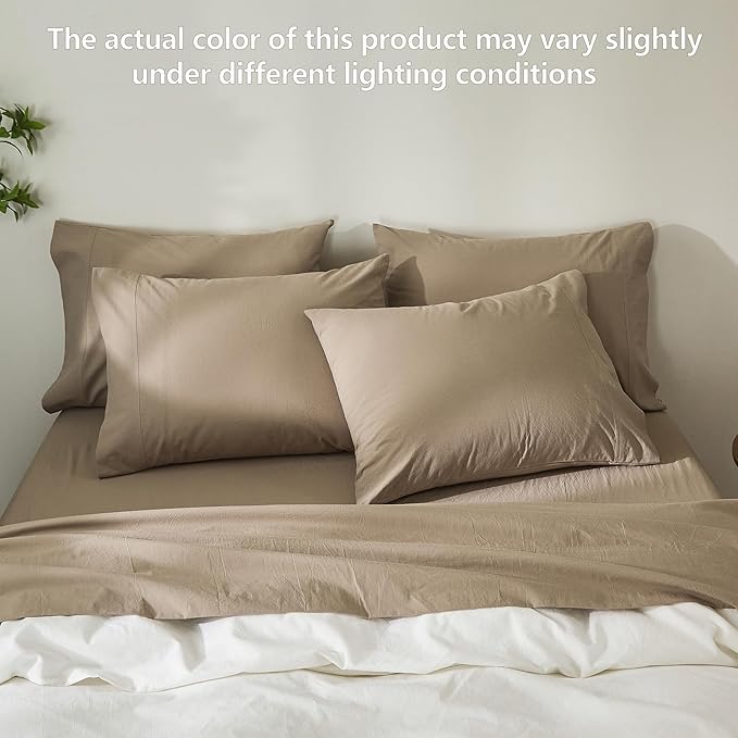 100% Cotton 6-Piece Queen Size 102" x 90" Bedding Set - Fitted Sheet, Flat Sheet & 4 Pillowcases with 17" Deep Pocket,Soft Breathable Bed Sheets for Cozy Sleep,Mocha Brown