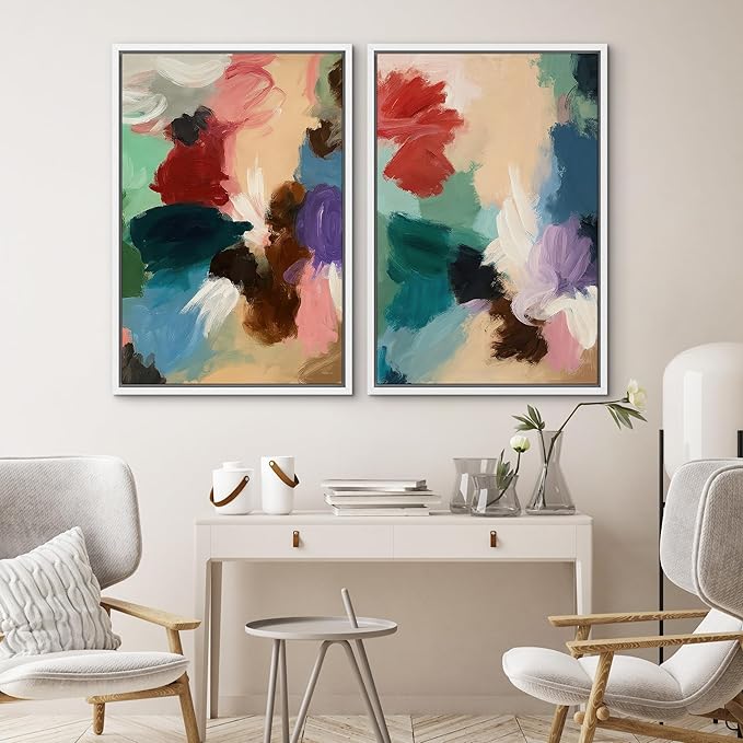 SIGNWIN Framed Wall Art Print Set Colorful Abstract Brushstroke Vibrant Illustrations Modern Art Rustic Relax/Calm Multicolor for Living Room, Bedroom, Office - 16"x24"x2 WHITE