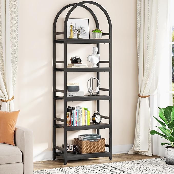 Tribesigns 5-Tier Open Bookshelf, 74.4" Wood Bookcase Storage Shelves with Metal Frame, Freestanding Display Rack Tall Shelving Unit for Office, Bedroom, Living Room, Easy Assembly(Black, 1PC)