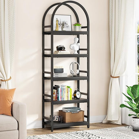 Tribesigns 5-Tier Open Bookshelf, 74.4" Wood Bookcase Storage Shelves with Metal Frame, Freestanding Display Rack Tall Shelving Unit for Office, Bedroom, Living Room, Easy Assembly(Black, 1PC)