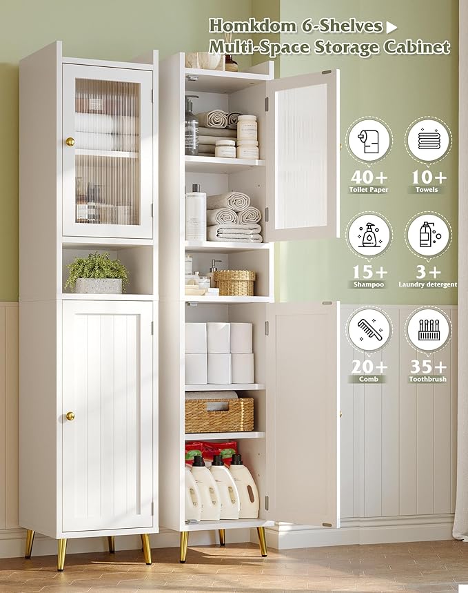 69'' Tall Bathroom Storage Cabinet with 2 Adjustable Shelves, White 6 Tier Narrow Bathroom Cabinet with 2 Doors, Slim Linen Cabinets for Brathroom,Home Office,Wood