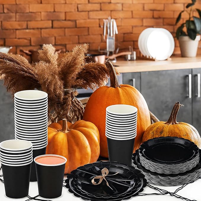 350 Pcs Black Plates and Napkins, 50 Guest Halloween Party Supplies Include Scalloped Paper Plate Napkin Cups Plastic Spoons Forks Knives Disposable Tableware Set for Halloween Day of the Dead