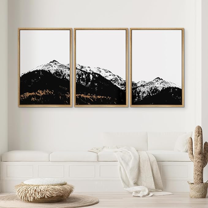 SIGNWIN 3 Piece Framed Canvas Wall Art Black and White Mountain Tops Photo Nature Wilderness Illustrations Abstract Traditional Home Artwork Decoration for Living Room,Bedroom - 16"x24"x3 Natural