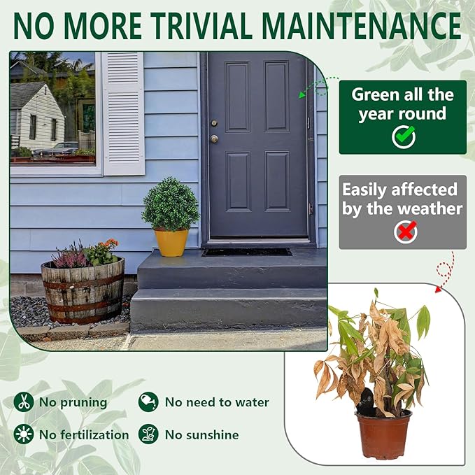Set of 2 Fake bushes Artificial Shrubs for Outdoors Boxwood Balls Topiary Trees UV Resistant - 23.6'' Faux Plants with Ground Spikes for Spring Front Porch Decor, Fake Evergreen Tree for Garden