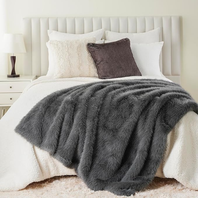 BATTILO HOME Luxury Fluffy Grey Faux Fur Throw Blanket, Cozy Warm Fur Blanket for Couch, Sofa, Chair, Bed, Plush Fuzzy Fur Throws with Long Pile, 60"x80"
