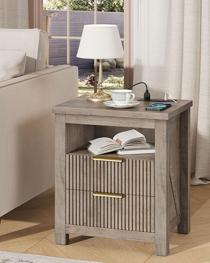 Fluted Nightstand, End Table with Charging Station and 2 Drawers, Farmhouse Nightstands with Fluted Panel, Engineered Wood Side Table for Bedroom Greige MBZ06UFH