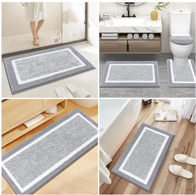 Pauwer Bathroom Rugs Set 5 Piece, Plush Absorbent Microfiber Bath Mats for Bathroom, Non Slip Washable Bath Rug Set with U Shaped Contour Toilet Rugs, Shower Rug and Toilet Lid Cover, Light Grey