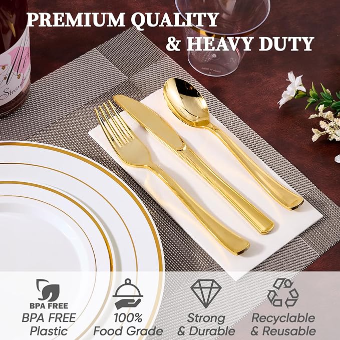 FOCUSLINE 600 Ct Gold Dinnerware Set for 100 Guests - Gold Rimmed White Disposable Plastic Plates, Includes 100 Dinner & Salad Plates, Cups, Cutlery Set for Wedding Parties