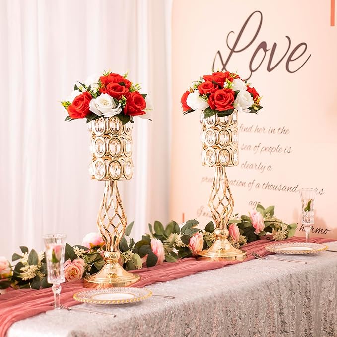 2pcs Gold Flower Trumpet Vases for Wedding Centerpieces for Tables, 20in Metal Diamond Crystal Flower Stand for Wedding Decorations for Reception Party Dining Room Living Room Decor