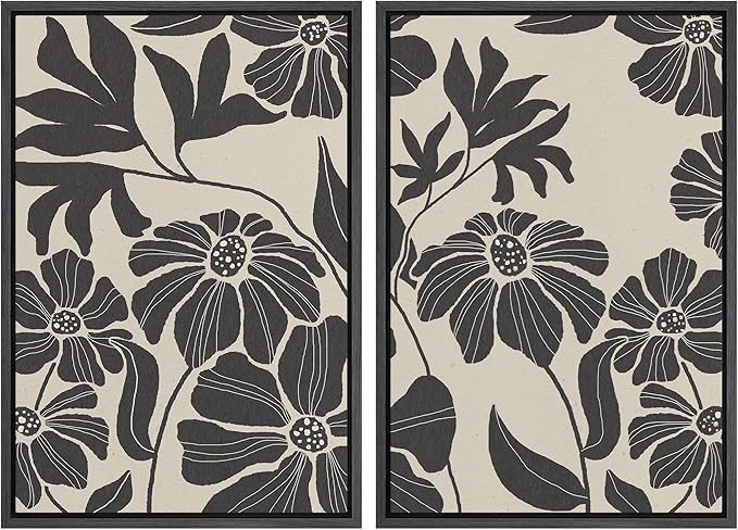 MUDECOR Framed Canvas Print Wall Art Monochrome Floral Botanical Black and White Illustrations Modern Art Decorative Bohemian Colorful Chic for Living Room, Bedroom, Office - 24"x36"x2 Black