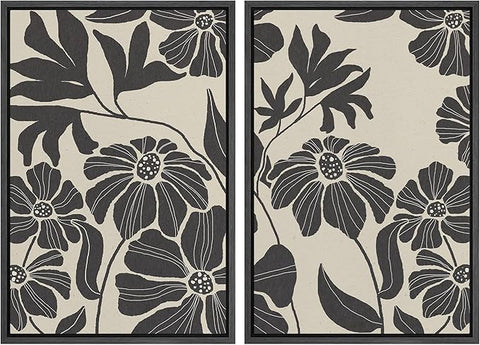 MUDECOR Framed Canvas Print Wall Art Monochrome Floral Botanical Black and White Illustrations Modern Art Decorative Bohemian Colorful Chic for Living Room, Bedroom, Office - 16"x24"x2 Black