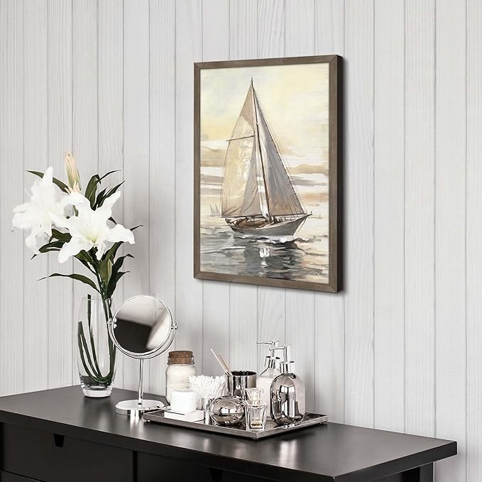 Ocean Sailboat Framed Wall Art - Nautical Boat Painting Coastal Sailing Artwork Sunset Seascape Picture Sea Beach Prints Wooden Decor for Bedroom