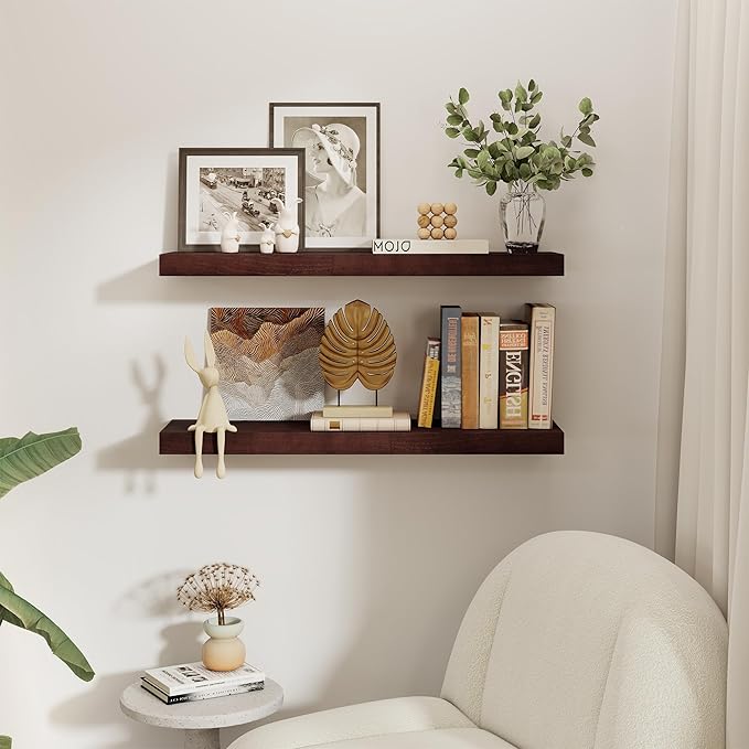 fuqing Floating Shelves for Wall - 36 Inch Natural Wood Shelves Set of 2-9.3 Inch Deep Wooden Wall Shelves with Upgraded Metal Brackets for Room