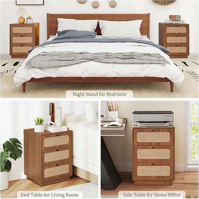 Nightstand with 3 Drawers Set of 2, Mid Century Modern Night Stand with Linen Drawers & Stable Legs, Wood Rustic Bedside Table End Table Side Table for Bedroom, Walnut