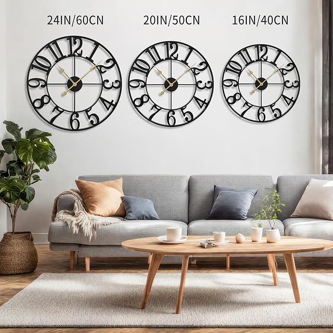 LEIKE Large Wall Clocks,Silent,Non Ticking,Battery Operated Rustic Round Modern Big Metal Wall Clock for Living Room, Bedroom,Kitchen,Farmhouse,Office,Home Decor-16 Inch(Black-Arabic Number)