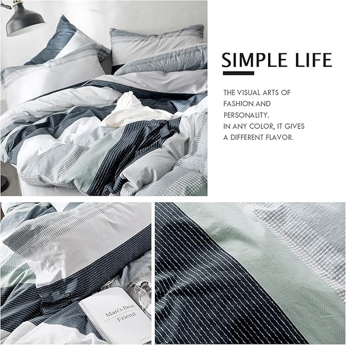 VM VOUGEMARKET Stripes Duvet Cover Set Twin,Blue Green Striped Duvet Cover with 2 Pillowcases for Teens,100% Cotton Modern Cozy Comforter Cover with Zipper Closure & Corner Ties 68"x90"(3pcs,Twin XL)