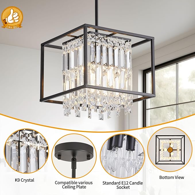 Kitchen Island Pendant Lighting,Modern Industrial Crystal Black Pendant Light Fixture,Adjustable Pendant Hanging Light for Dining Room Living Room Foyer Hallway Entry (4 Lights 11.8")