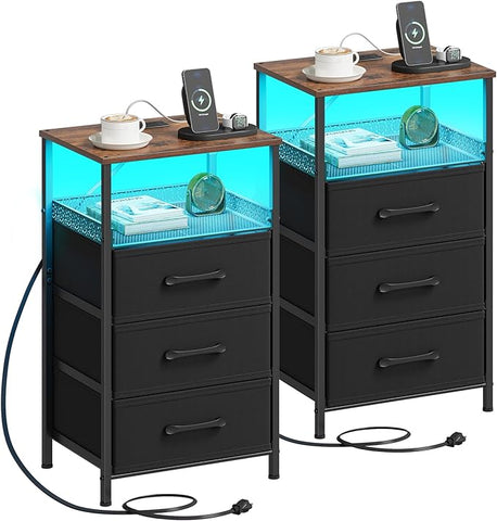Night Stand Set 2 with Charging Station, 3 Drawer Nightstands with LED Lights, End Table with Outlets and USB Ports, Side Table with Open Shelf, Bedside Tables for Bedroom, Rustic Brown