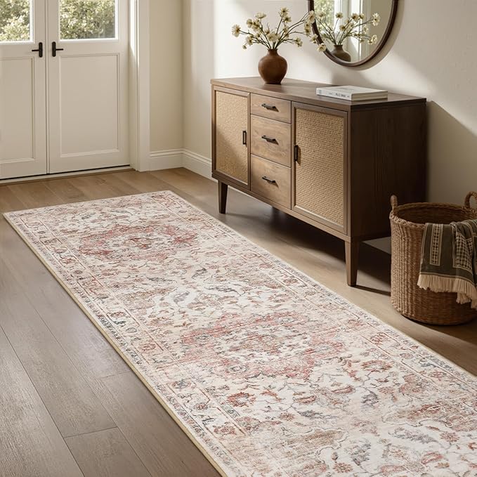 PADOOR-Vintage Runner Rug 2X10 Runners for Hallways-Soft Pink Washable Bedside Rugs for Bedroom-Non Slip Long Rug for Hallways Entryway Laundry Room Stair Kitchen Bathroom