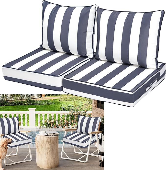 Outdoor Deep Seat Cushions for Patio Furniture Set of 2, Waterproof Outdoor Chair Cushions 24 x 24 x 4'' Patio Furniture Cushion with Fade Resistant Removable Cover, Handle & Strapsr, Blue Stripe