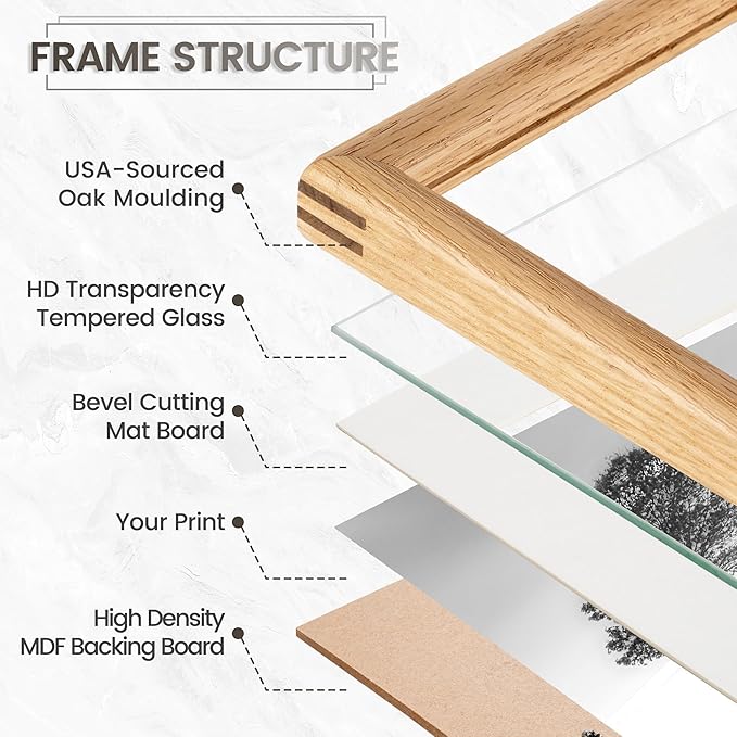 11x14 Picture Frame with 8x10 Mat, USA-Sourced Natural Oak Wood Photo Collage Frame with HD Tempered Glass, Double Mortise and Tenon Strips, Wall Display Horizontally and Vertically, 1 Pack