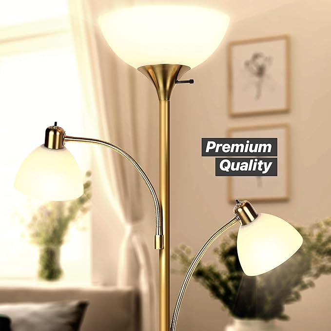 Brightech Sky Dome Double LED Floor lamp, Torchiere Super Bright Floor Lamp with 2 Reading Lamps for Living Rooms & Offices - Dimmable Tall Standing Lamp for Bedroom Reading - Tall Brass Pole