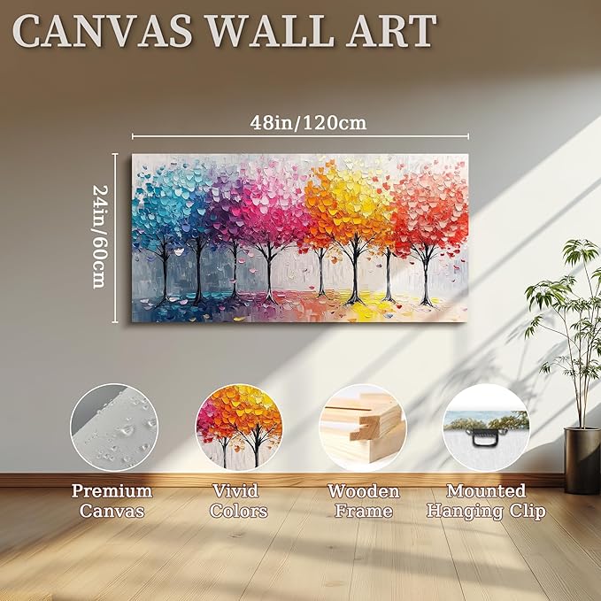 crmotu Colorful Trees Wall Art, Abstract Forest Large Wall Decor, Nature Landscape Canvas Paintings, Modern Trendy Pictures for Living Room Bedroom Bathroom Office, Home Decoration Prints 24x48 Inch