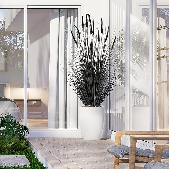 KOL Artificial 5ft Horsetail Reed Grass, 59in Tall Artificial Indoor Outdoor Fake Grass Plant, Home Office Décor Artificial Dogtail Grass in Pot Faux Plants Greenery, Wedding Decor - Black