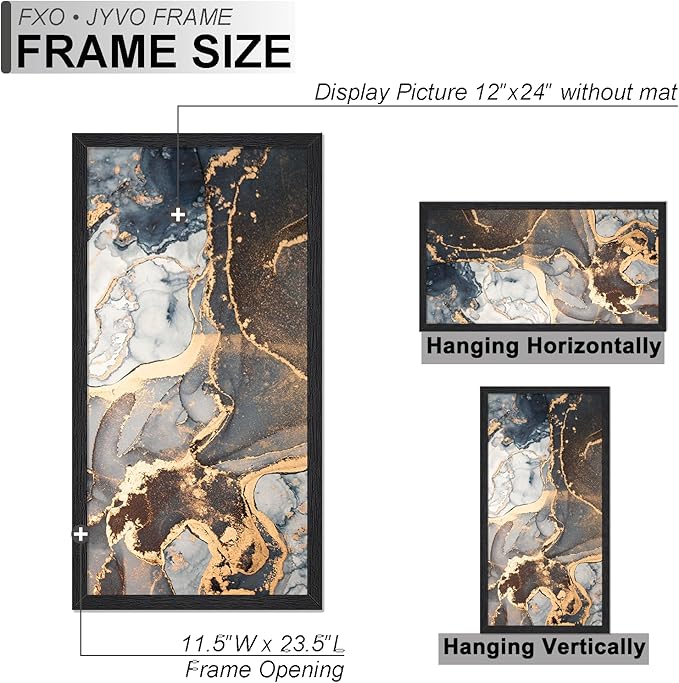 Engineered Wood 12x24 Picture Frame Set of 3, Black Frame for 12 x 24 Inch Picture Poster Photo, Light Weight 12 by 24 Frame with Wood-grain for Wall - 3 Pack/Black/12 x24