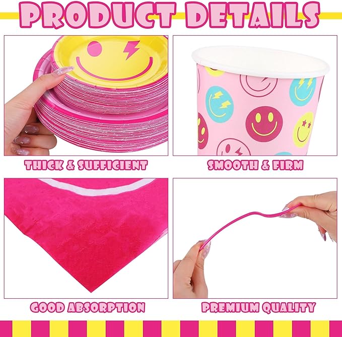 400 Pieces Preppy Smiley Face Party Tableware Set Paper Smile Face Plates Napkins Paper Cups Cutlery for Preppy Birthday Party Decorations Baby Shower Decor, Serve 50 Guest