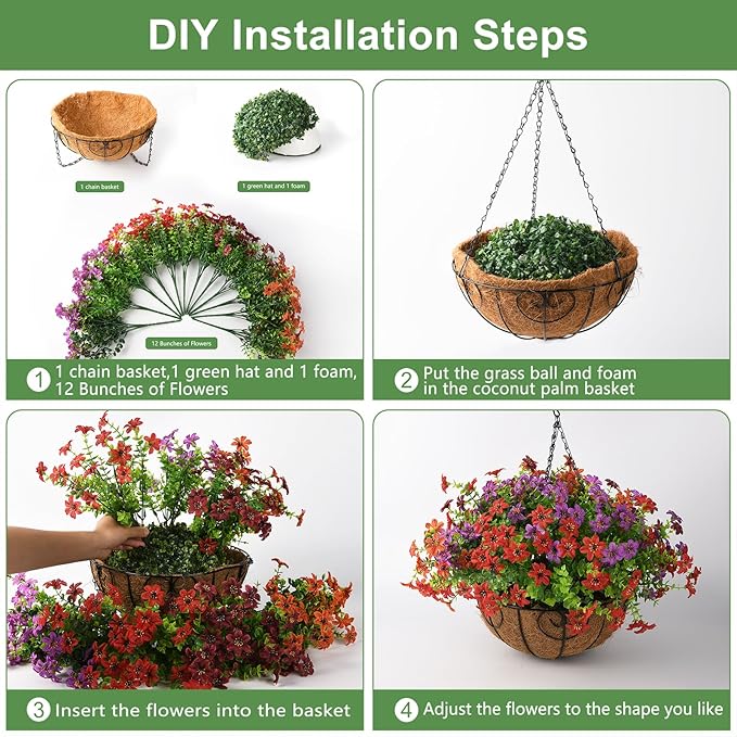 INQCMY Artificial Hanging Flowers Basket for Outdoors - Faux Daisy Silk Flower Realistic, Colorful Fake Plastic Plants UV Resistant Summer Decor for Garden Front Porch Patio Balcony Yard