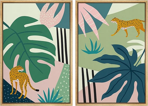 MUDECOR Framed Canvas Print Wall Art Jungle Cheetahs with Tropical Monstera Leaves Abstract Shapes Illustrations Modern Bohemian Nature for Living Room, Bedroom, Office - 16"x24"x2 Natural