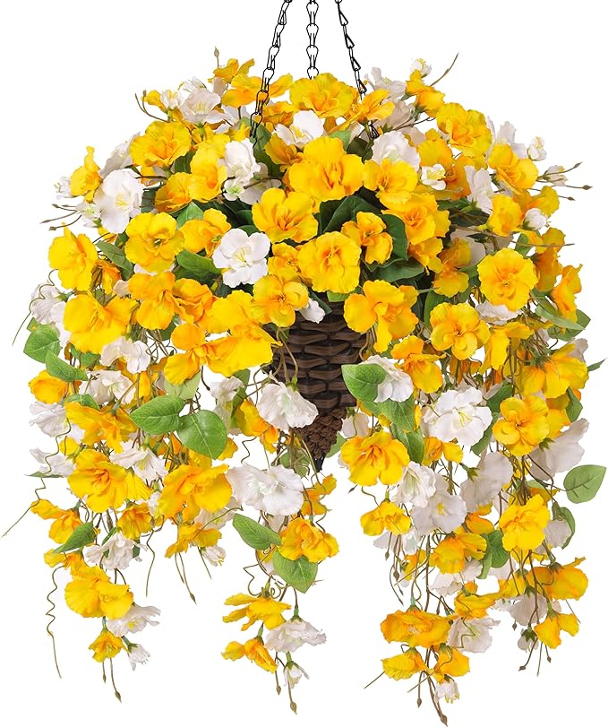 Ivydale Artificial Fake Fall Hanging Flowers Plants Basket for Outdoor Decoration, Fake Hibiscus Vines UV Resistance Look Real Silk Flowers for Home Patio Porch Balcony Garden Yard Wedding, Mix