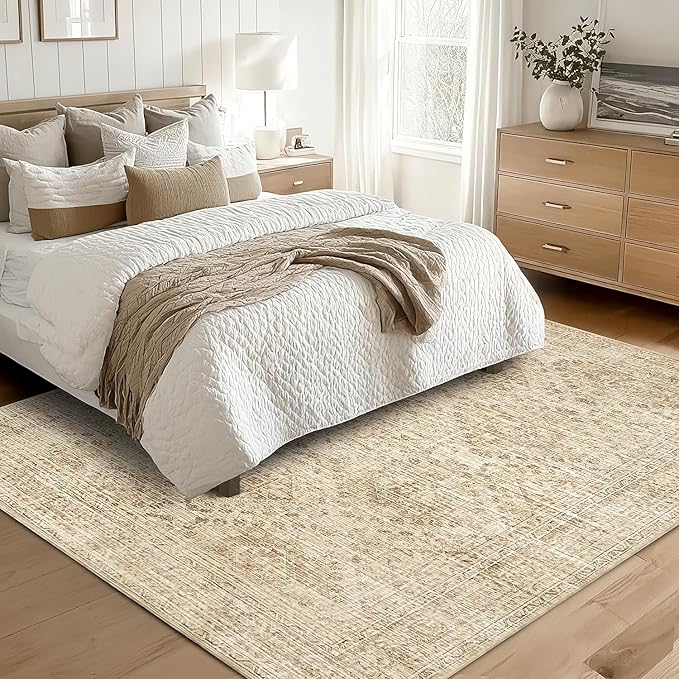 MIULEE 5x7 Vintage Living Room Rug Washable Area Rugs Low Pile Floor Mat for Bedroom Dining Room Non-Slip Stain Resistant Soft Indoor Carpet for Home Decor, Neutral Beige