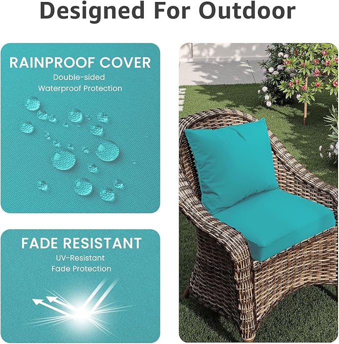 Outdoor Chair Cushions 24 x 24 x 4 Inch, Waterproof & Fade Resistant Patio Seat Cushion for Furniture with Handle and Ties, Thick Seating Pads for Outside Sofa Couch Set of 2, Teal