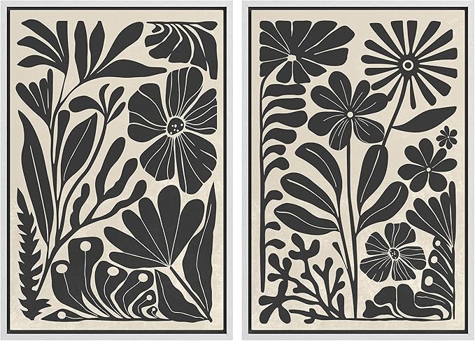 MUDECOR Framed Canvas Wall Art Abstract Floral Botanical Prints Minimalist Modern Art Boho Wall Decor for Bedroom - 24"x36"x2 White