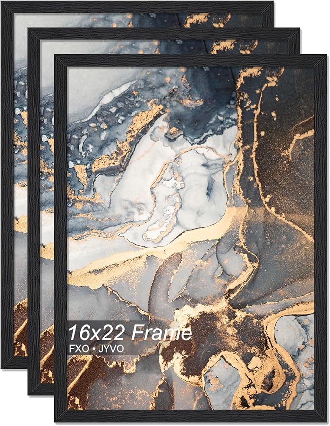Engineered Wood 16x22 Picture Frame Set of 3, Black Frame for 16 x 22 Inch Picture Poster Photo, Light Weight 16 by 22 Frame with Wood-grain for Wall - 3 Pack/Black/16 x22